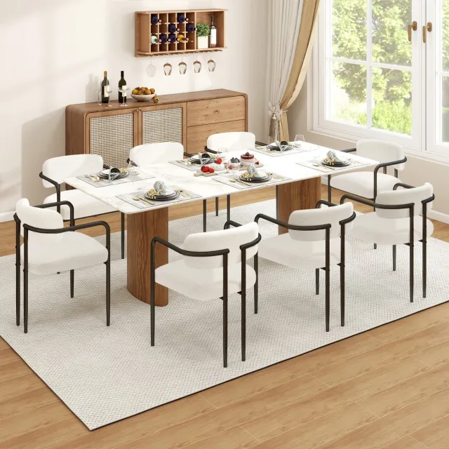 Puluomis Eetkamerstoelen - Set van 8 - Teddy Fleece - Metalen poten - Gevoerde zitkussens - Wit