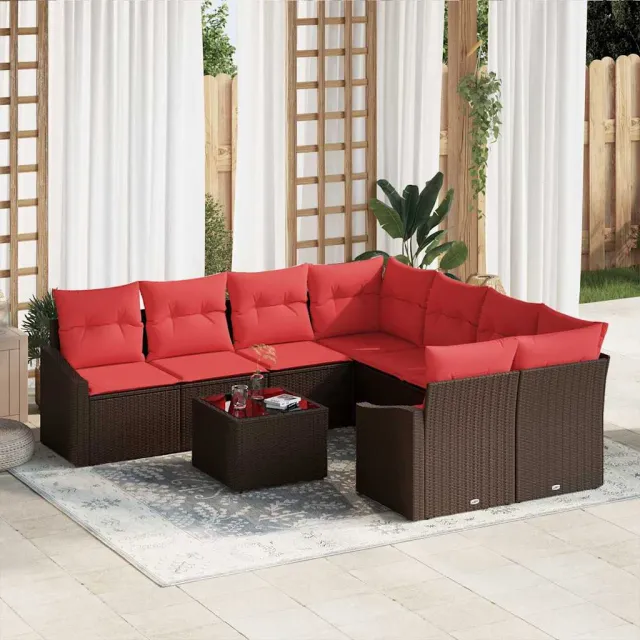 vidaXL Bankstel 9 st 3-Aantal zitplaatsen Bruin en Rood poly rattan
