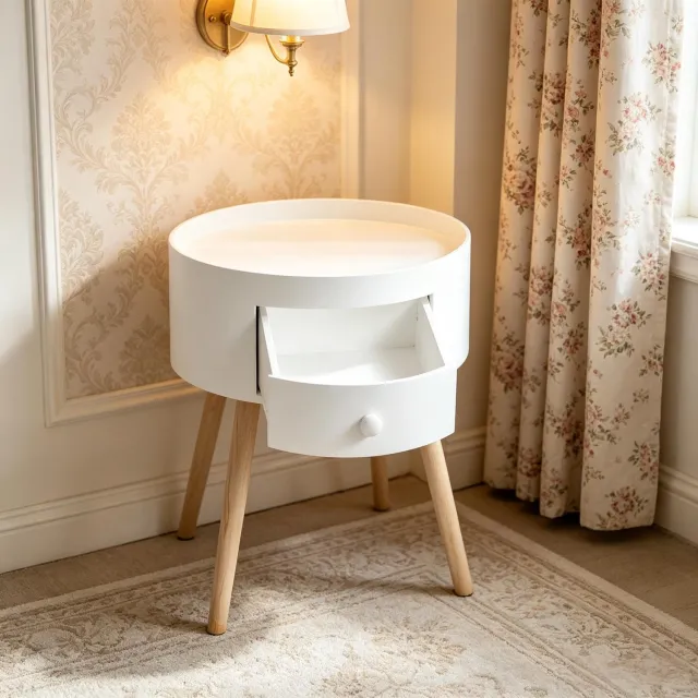 MODENUIT Bijzettafel - Rond Met Lade - Voor Slaapkamer en Gastenkamer - MDF en Hout - 38x38x45 Cm - Wit