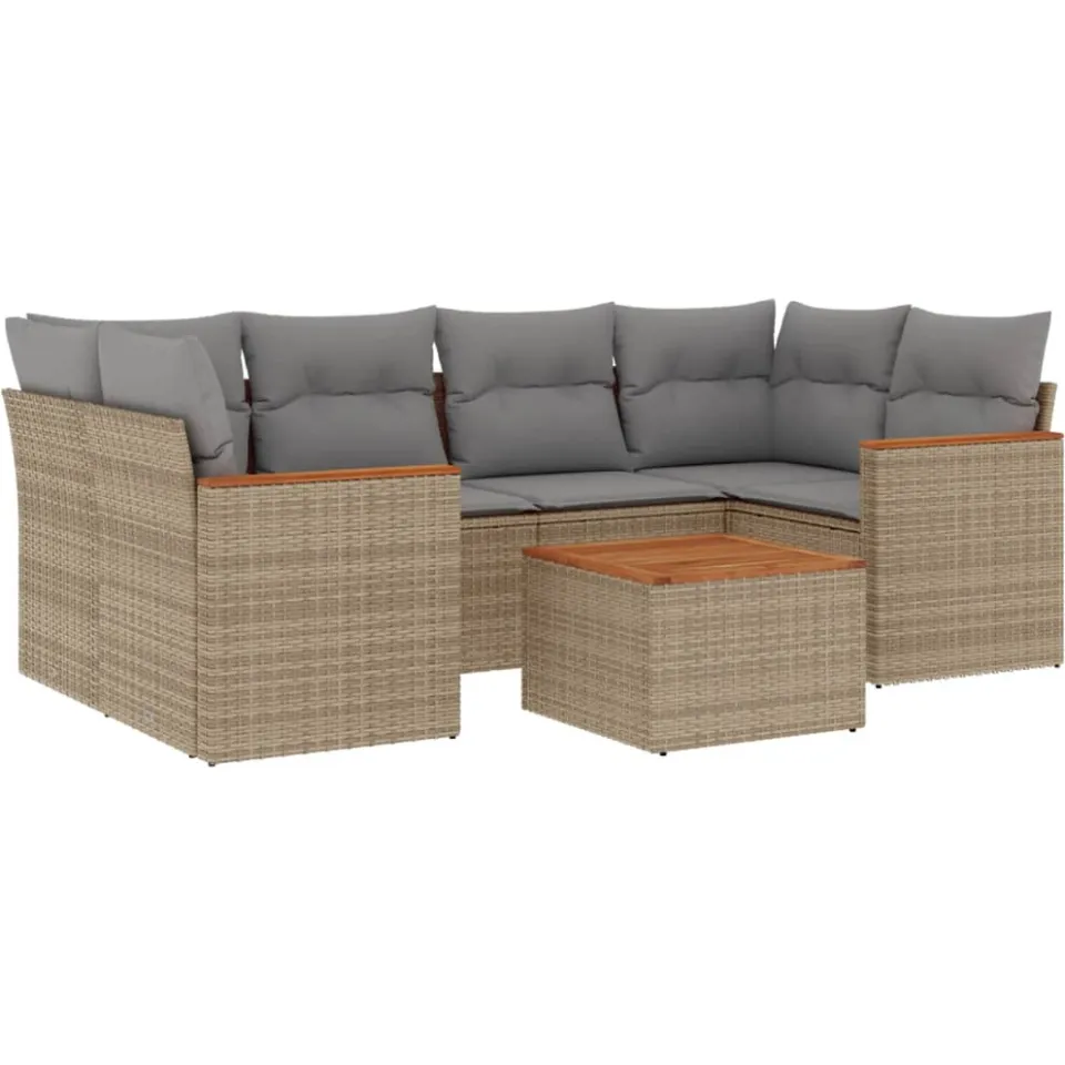 vidaXL 7-delige Loungeset met kussens poly rattan beige, foto 3