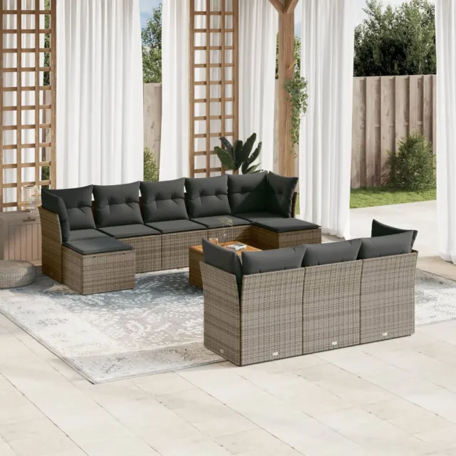 vidaXL 11-delige Loungeset met kussens poly rattan grijs, foto 2