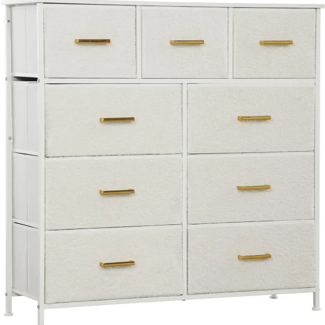 Lunpog Stoffen Kommode Wit met 9 Lades en Stalen Frame - Ladekast met Gouden Handgrepen voor Slaapkamer en Woonkamer - Elegante Opbergkast Cremeweiß