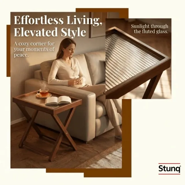 Stunq Opvouwbare houten salontafel met geribd glazen blad en X-onderstel Bruin