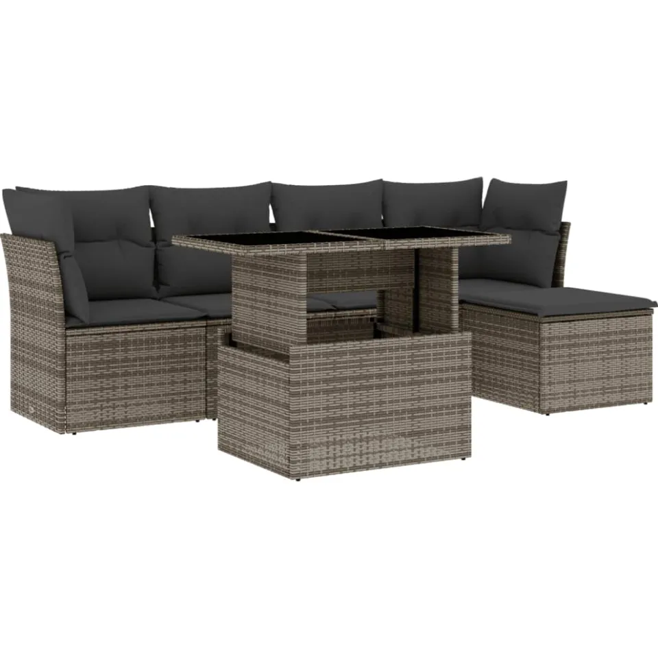 vidaXL 6-delige Loungeset met kussens poly rattan grijs, foto 3