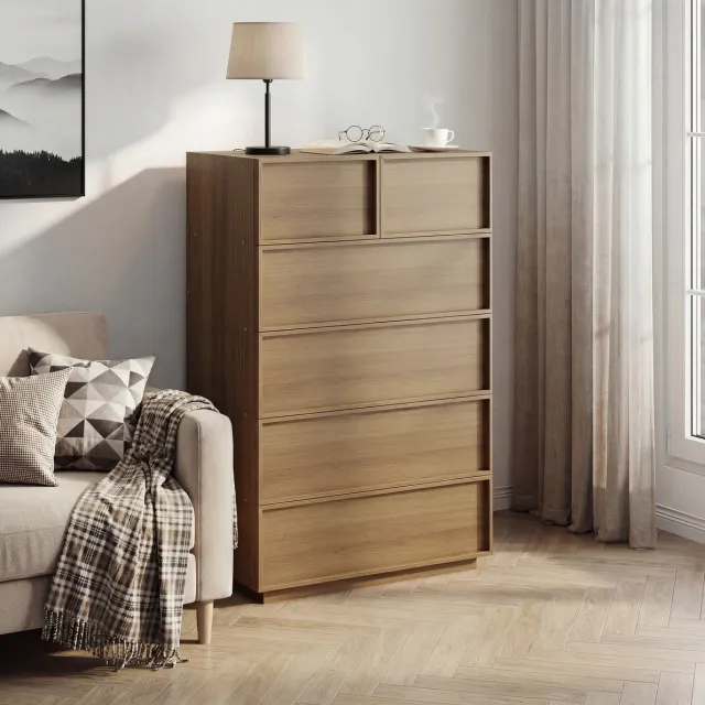 DESMIU Ladekast - 6 Greeploze Lades Met Metalen Geleiders - Voor Slaapkamer Woonkamer En Hal - Eikenkleur - 80 x 48 x 127,5 cm