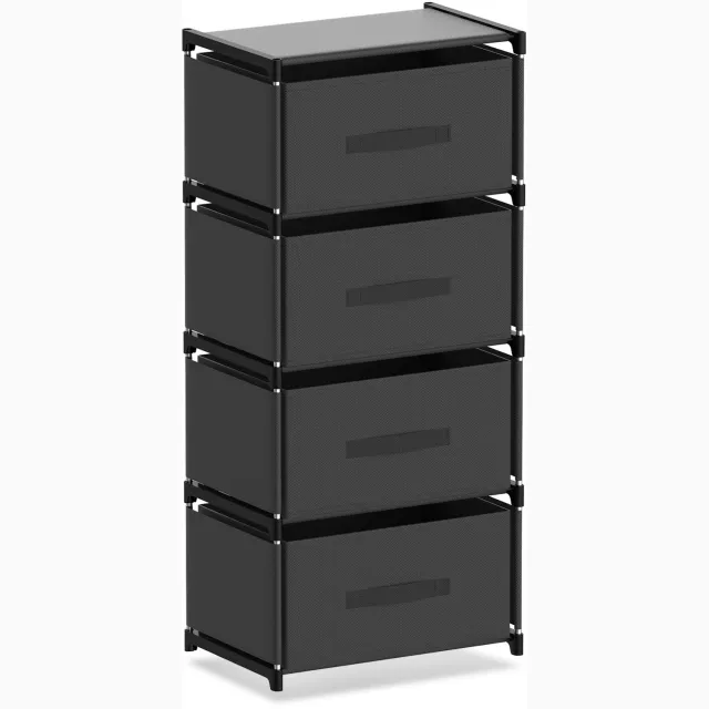 Soontrans Ladekast met 4 Stoffen Lades - Dressoir en Opbergkast - Kast met Lades voor Slaapkamer - Woonkamer - Hal - Keuken en Kantoor - Compact Opbergrek - 40 x 26 x 88 cm - Zwart