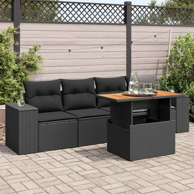 vidaXL 5-delige Loungeset met kussens poly rattan zwart, foto 2