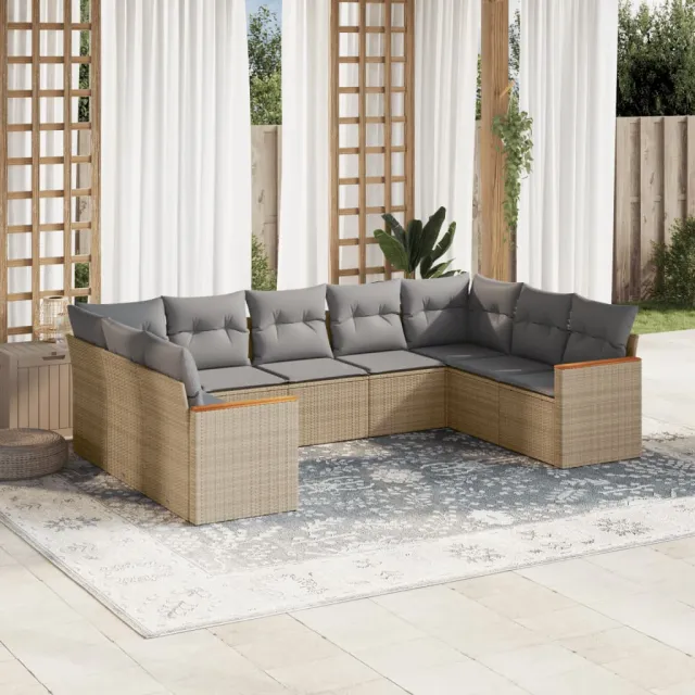 vidaXL 9-delige Loungeset met kussens poly rattan beige, foto 2