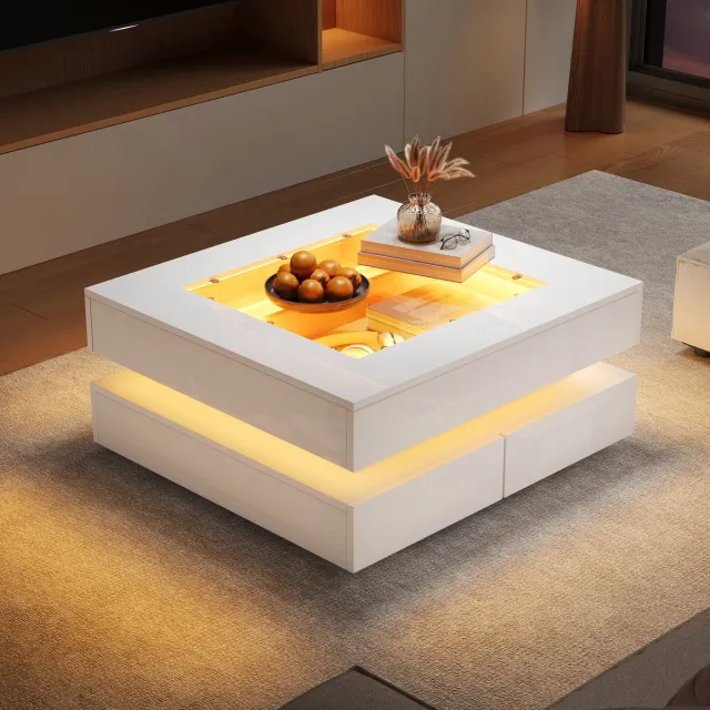 Clruro Geometrische Salontafel - 70 x 70 x 35 cm - Glasplaat met LED Licht en 3 Lades - Hoogglans - Woonkamer Tafel - Wit