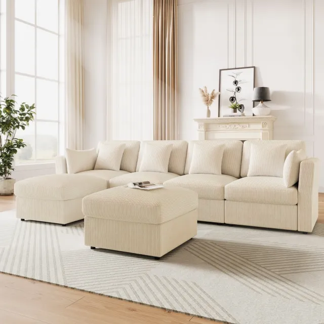 MEUNIQ U-bank 290 x 159,5 x 89 cm in beige ribstof, modulair hoekbank met verstelbare armleuningen, 2 hockers en 6 kussens voor de woonkamer