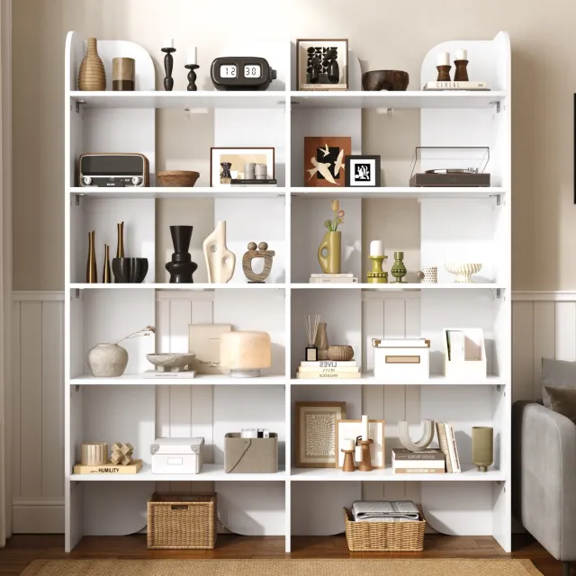 OKWISH Boekenkast 160 Cm Hoog 135 Cm Breed 25 Cm Diep Open Vrijstaand 5 Niveaus Spaanplaat Wit Voor Woonkamer En Kantoor
