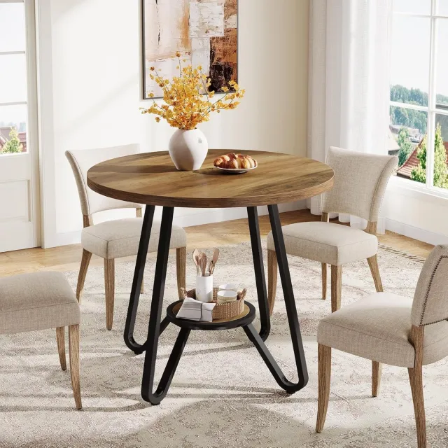 Tribesigns Ronde Eettafel met Planken - Industriële Tafel - 80 X 80 X 75 cm - Eetkamertafel Voor 2-4 Personen - voor Keuken, Kantoor, Appartement - Bruin