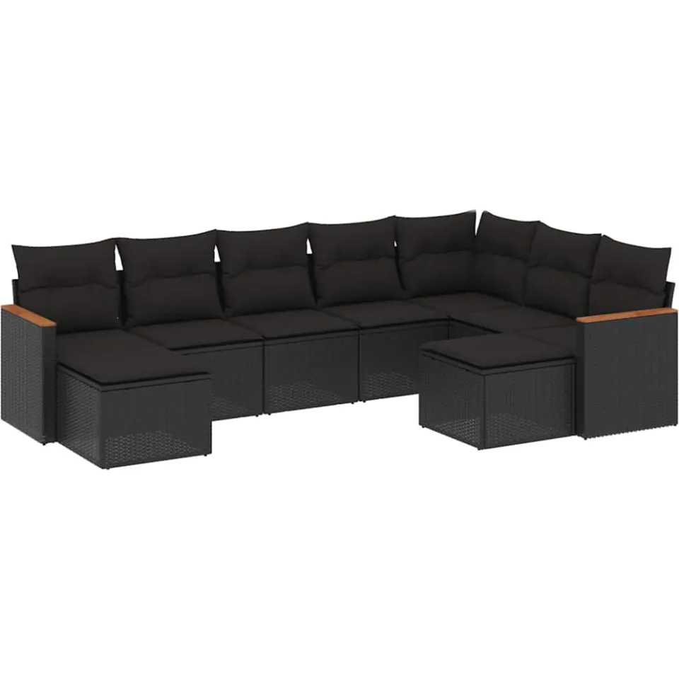 vidaXL 9-delige Loungeset met kussens poly rattan zwart, foto 3