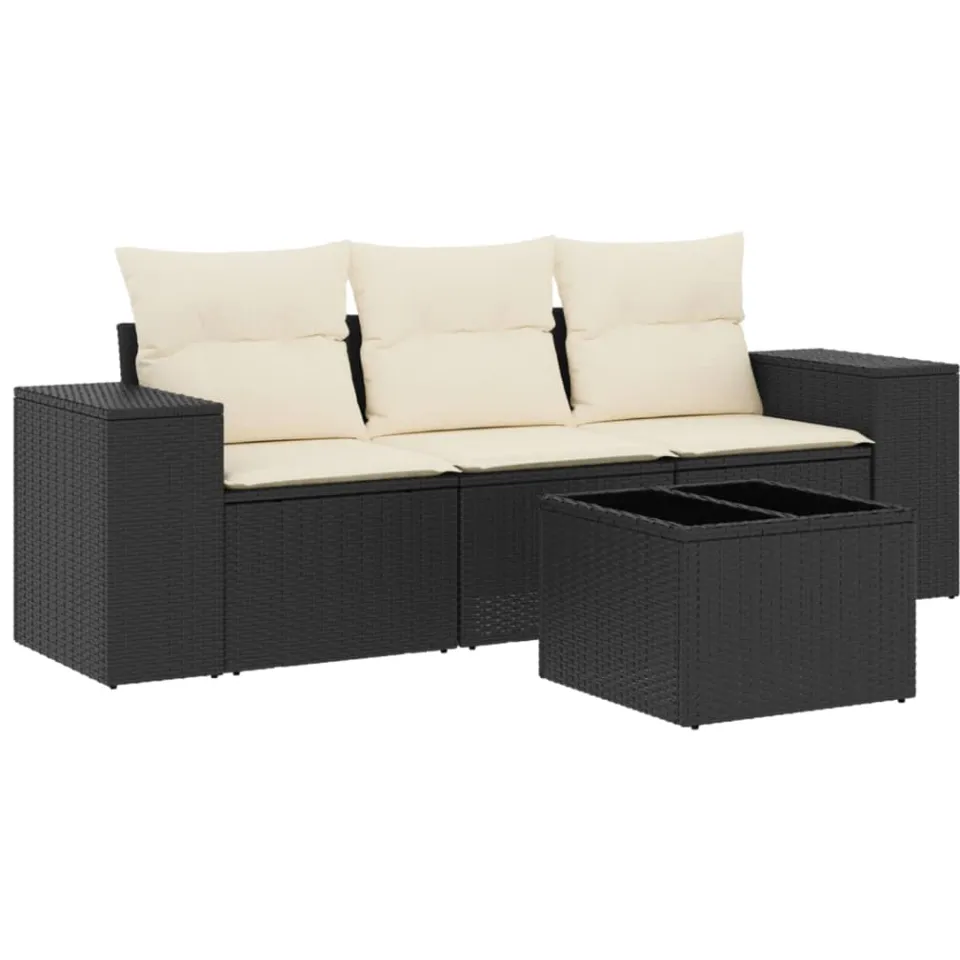 vidaXL 4-delige Loungeset met kussens poly rattan zwart