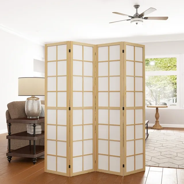 REDOM Kamerscherm - 4-delig opvouwbaar - Gitterdesign - Privacy scherm - Scandinavische stijl - Woonkamer slaapkamer kantoor - Hout en stof - Natuurlijk hout - 160 x 170 cm Natural Wood