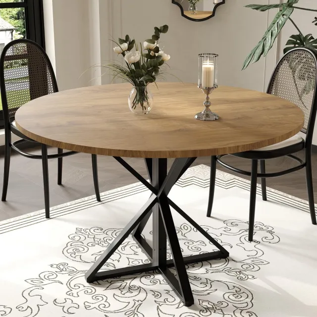 Triumpunpre Moderne horeca-eettafel – 120 cm rond, stevig K-vormig metalen onderstel, spaanplaat blad, ruimtebesparend, geschikt voor commercieel gebruik, verkrijgbaar in zwart of bruin