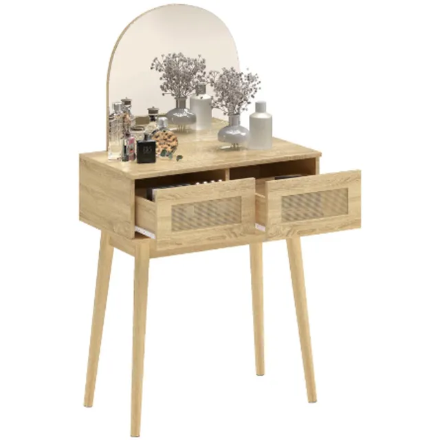 LabelOne Make Up Tafel - Kaptafel - Make Up Tafel met spiegel - rotanlook - 2 lades - ruimtebesparend - 70x43,5x130 cm - hout