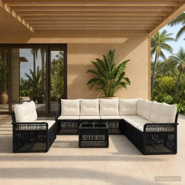 vidaXL Tuinbankenset 10 st 9-zits Zwart poly rattan, foto 2