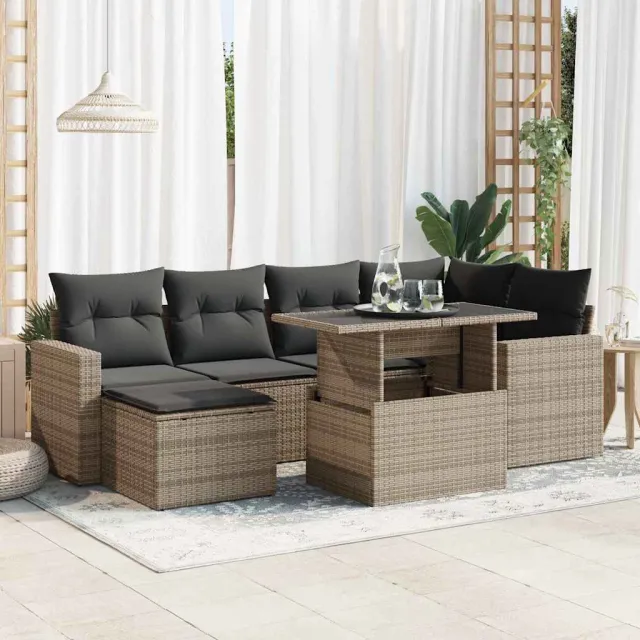 vidaXL 7-delige Loungeset met kussens poly rattan grijs, foto 2