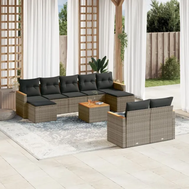 vidaXL 10-delige Loungeset met kussens poly rattan grijs, foto 2