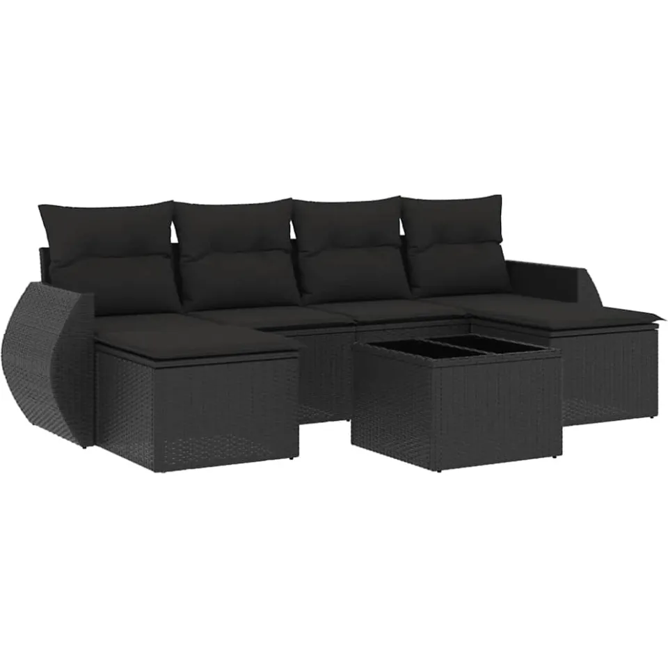 vidaXL 7-delige Loungeset met kussens poly rattan zwart, foto 3