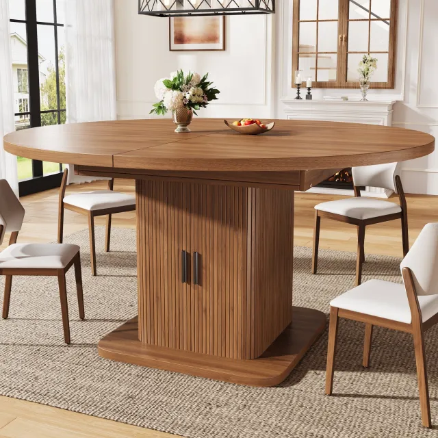 Wishdor Uitschuifbare ovale eettafel met opbergruimte - Schuifdeuren en uitneembare legplank - Geribbelde kolomvoet - Modern en rustiek - Eetkamer - MDF en metaal - Houtlook - 110-149,8 x 110 x 75 cm Walnootkleurig