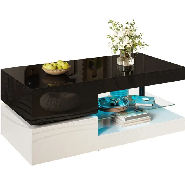 Clruro Salontafel - 90 x 45 x 35,5 cm - LED Verlichting App Bluetooth Glasplaat Hoogglans - LED Sfeer App Bluetooth Bediening - Glas Hoogglans - Zwart Wit Zwart, wit