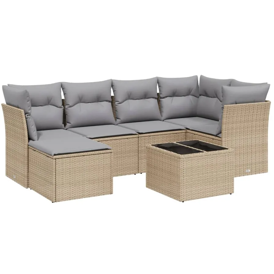vidaXL 7-delige Loungeset met kussens poly rattan gemengd beige, foto 4