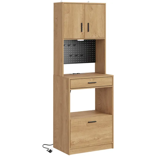 SoBuy Keukentrolley - Keukentrolley met Werkblad en Pegboard Achterwand - Keuken Trolley met 2 Deuren, 2 Lades en Ingebouwde Ovenvak - Licht Eiken MDF | FSB98-E-N