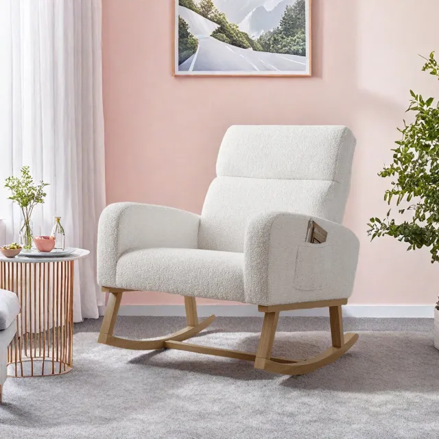 SHOPENTRA Schommelstoel in teddy stof, comfortabele relaxstoel met armleuningen, wit, moderne woonkamerstoel