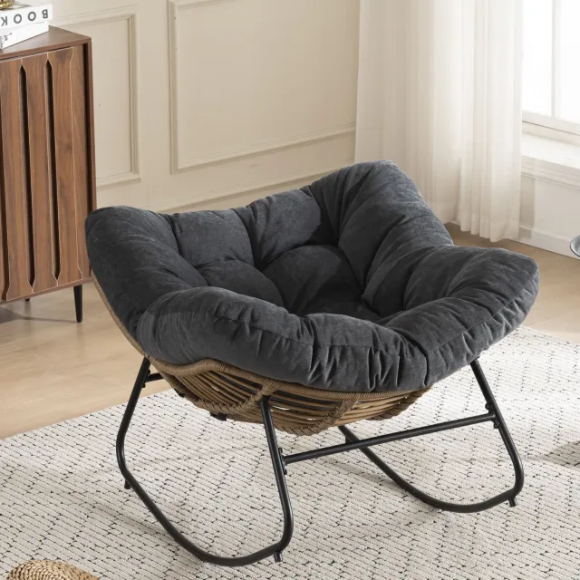 DESMIU Schommelstoel Fauteuil - 95 x 107 x 83 cm - Chenille Bekleding Met Armleuningen - Voor Woonkamer, Slaapkamer En Werkkamer - Metalen Frame - Zwart