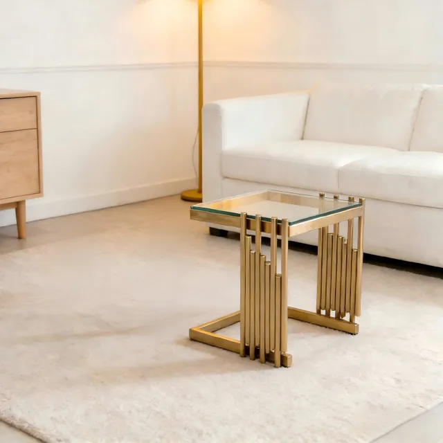 OKWISH Bijzettafel - Vierkant Design Met Gehard Glas - Voor Woonkamer En Slaapkamer - Rvs Goud Transparant - 41 cm Goud en Transparant