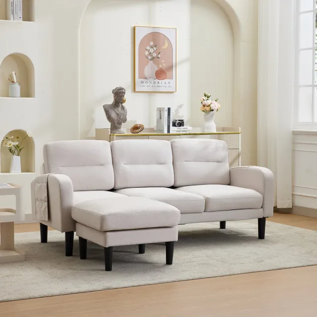 MEUNIQ Hoekbank L-vorm 3-zits met chaiselongue, opbergtassen, afneembare kussens, 204 x 136 x 80 cm, beige