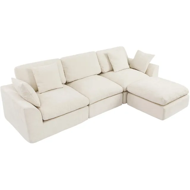 Homemiyn Modulaire hoekbank - Crème beige hoekbank met chaise longue en voetenbank - Zachte chenille loungebank, diepe zit, flexibele modulaire bank voor woonkamer
