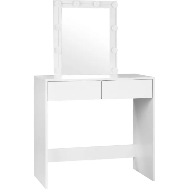 BukkitBow Kaptafel / Make-up Tafel Met 10 Led Lampen en Vierkante Spiegel en 2 Ruime Opberglades - Wit