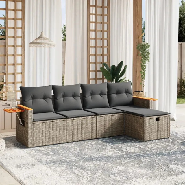 vidaXL 5-delige Loungeset met kussens poly rattan grijs, foto 2