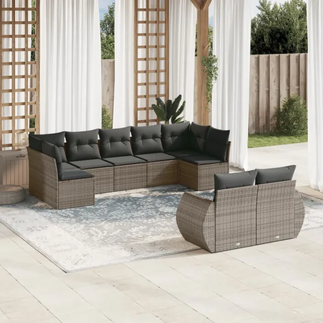 vidaXL 9-delige Loungeset met kussens poly rattan grijs, foto 2