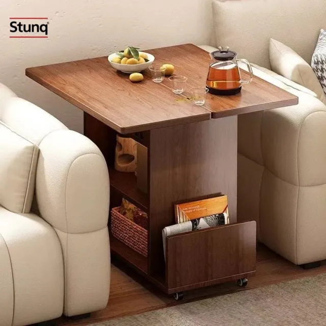 Stunq Mobiele salontafel massief hout - klaptafel - bijzettafel met wieltjes Bruin