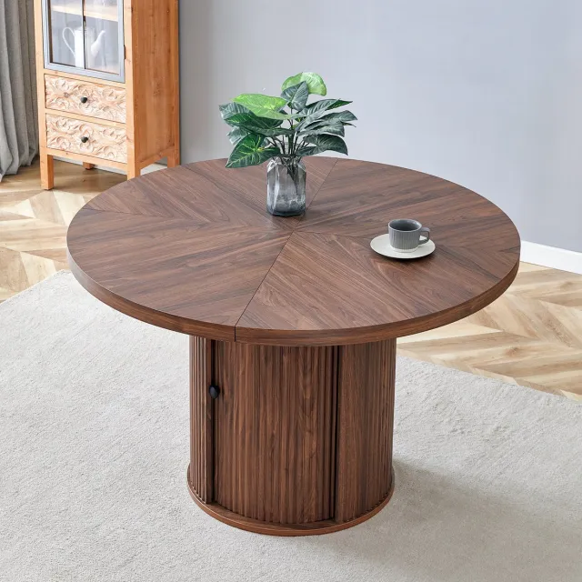 REDOM Ronde eettafel met opbergruimte - Visgraatlook - MDF tafelblad en kolomvoet - Kast met deur - Scandinavische stijl - Walnoot - 115 x 115 x 74 cm Walnut