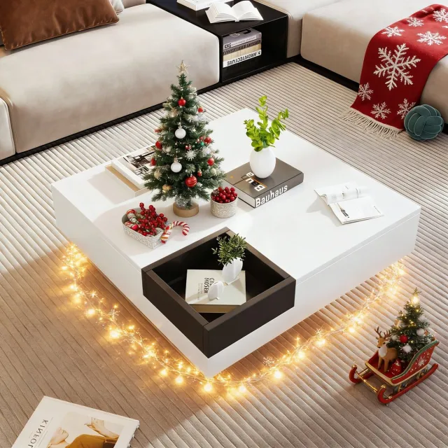 REDOM Salontafel hoogglans met afneembare opbergbox, color-block wit/zwart, meerkleurige LED-sfeerverlichting, 72×72×30 cm
