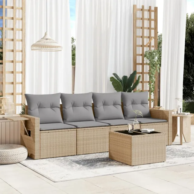 vidaXL 5-delige Loungeset met kussens poly rattan beige, foto 2