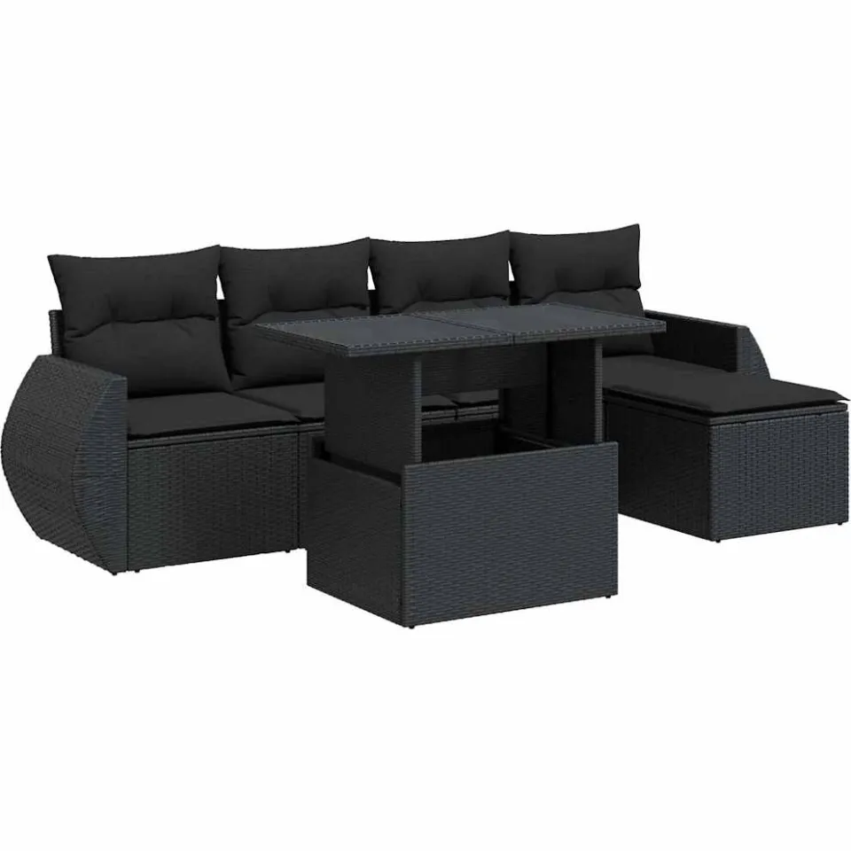 vidaXL 6-delige Loungeset met kussens poly rattan zwart, foto 3