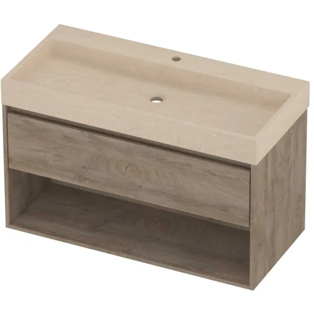 Proline Evoli Badmeubelset Hardsteen Loft 1 Kraangat Met Schap 100x46x62 cm Sand Stone Raw Oak Eiken