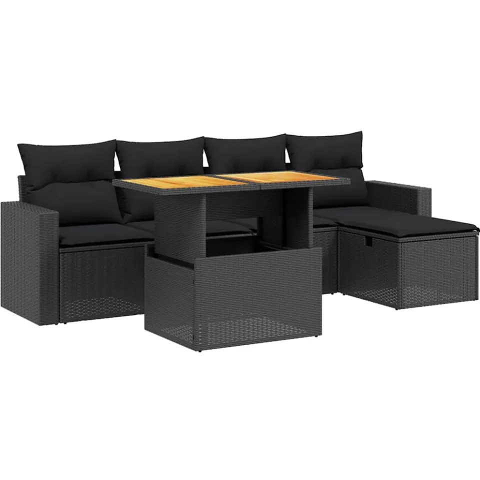 vidaXL 6-delige Loungeset met kussens poly rattan zwart, foto 3