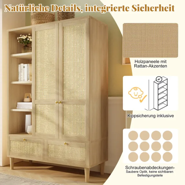 intebiki Kledingkast met 2 deuren en rotan vlechtwerk, landelijke eikenlook, open plank, planken, kledingstang, 2 lades, anti-kantelbeveiliging, 180x120x50 cm (H/B/D)