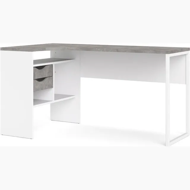 Tvilum Plus bureau Hoekbureau met 3 legplanken en 2 laden, wit/betondecor.