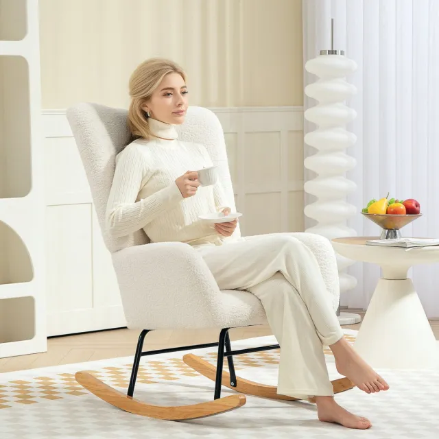 COVREO Schommelstoel 70x94x100 cm - cremewit, pluche stof, houten kussens en armleuningen Cream White