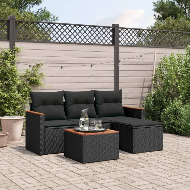 vidaXL 5-delige Loungeset met kussens poly rattan zwart, foto 2