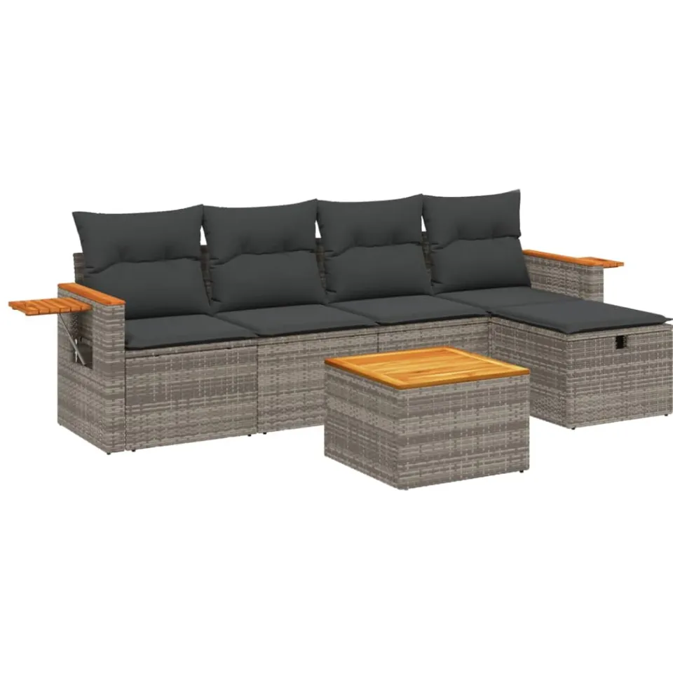 vidaXL 6-delige Loungeset met kussens poly rattan grijs, foto 3