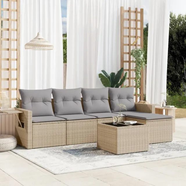 vidaXL 6-delige Loungeset met kussens poly rattan beige, foto 2